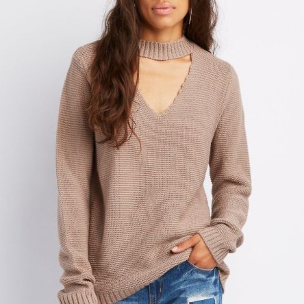 Beige Charlotte Russe Choker Neck Cut-Out Sweater